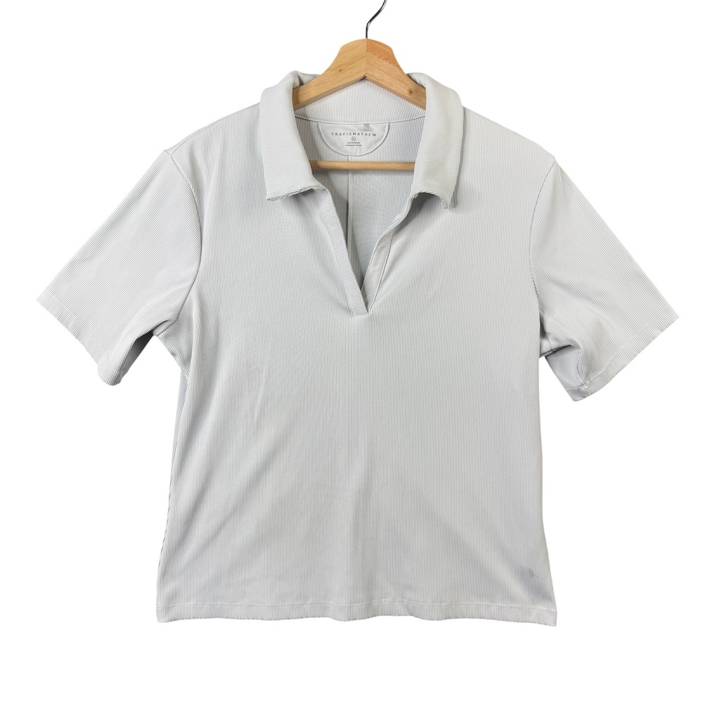 TravisMathew women sz XL Light Gray‎ Ribbed V-Neck Short Sleeve Polo Shirt